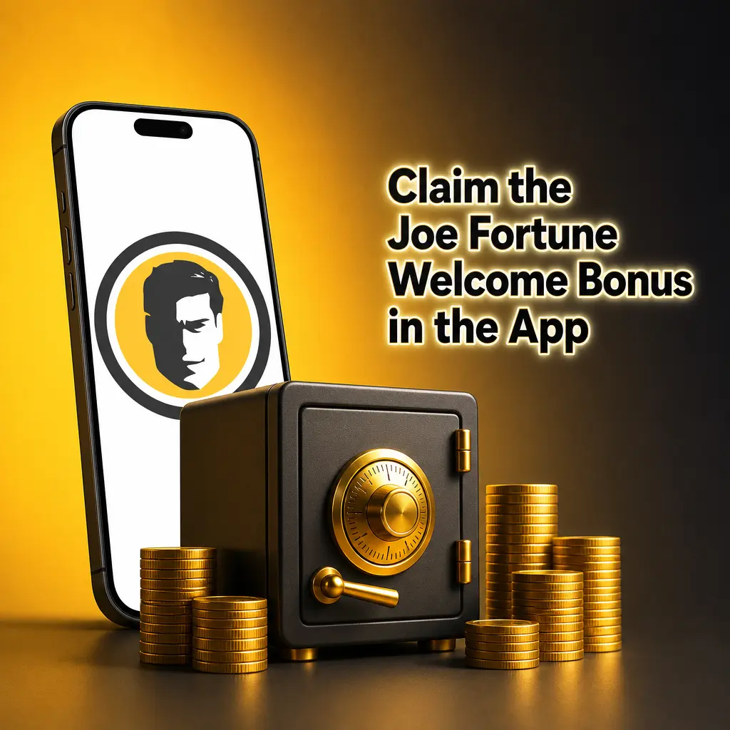 Joe Fortune app welcome bonus screen showing Casino and Sports deposit match offers for new players