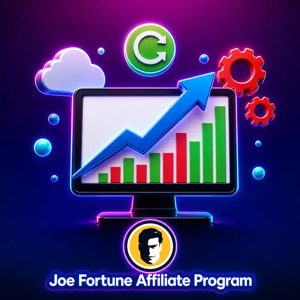 Joe Fortune affiliate program dashboard showing revenue share earnings, referral tracking and monthly payment options
