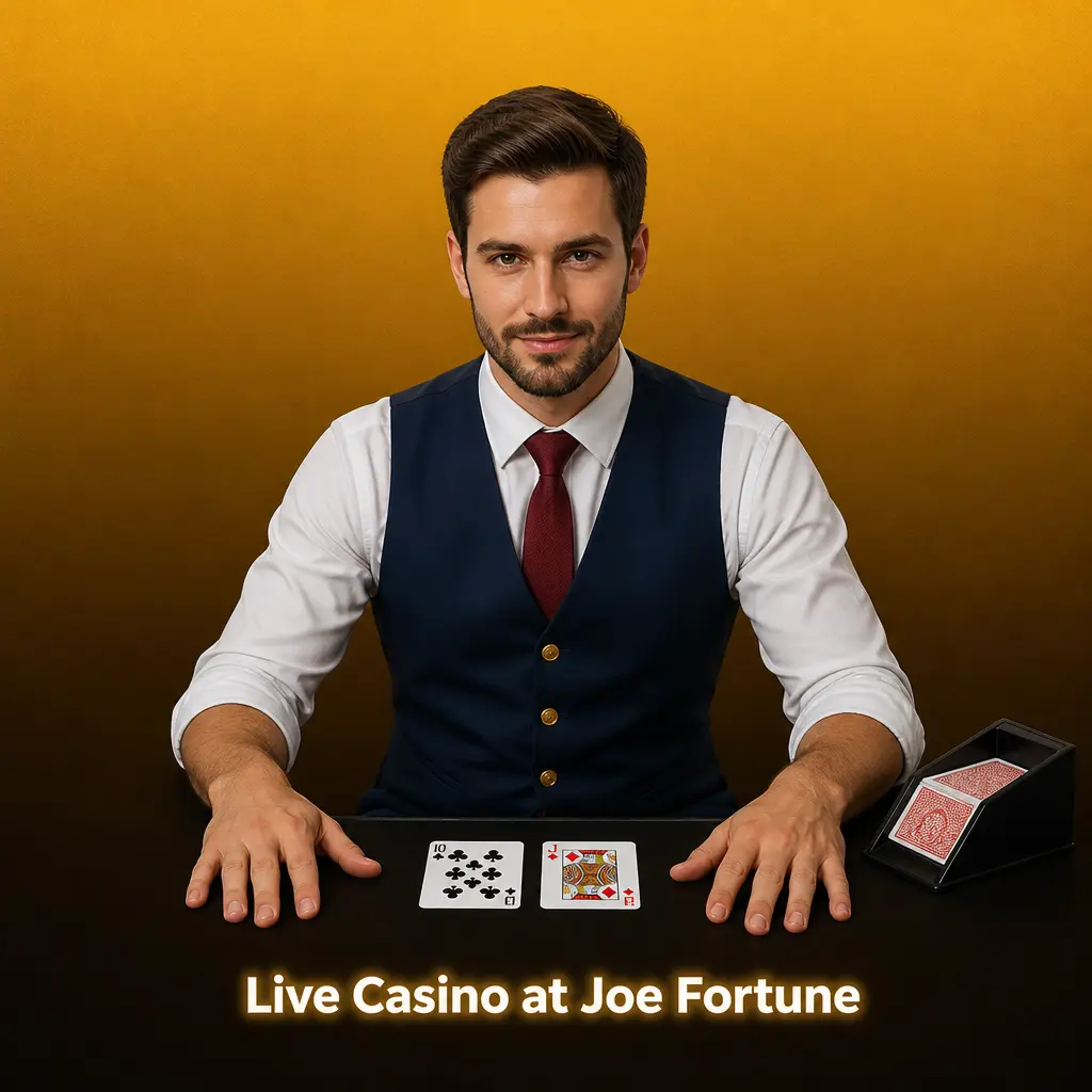Live dealer casino games at Joe Fortune, including Blackjack, Roulette, Baccarat, Casino Hold'em, and Dream Catcher.