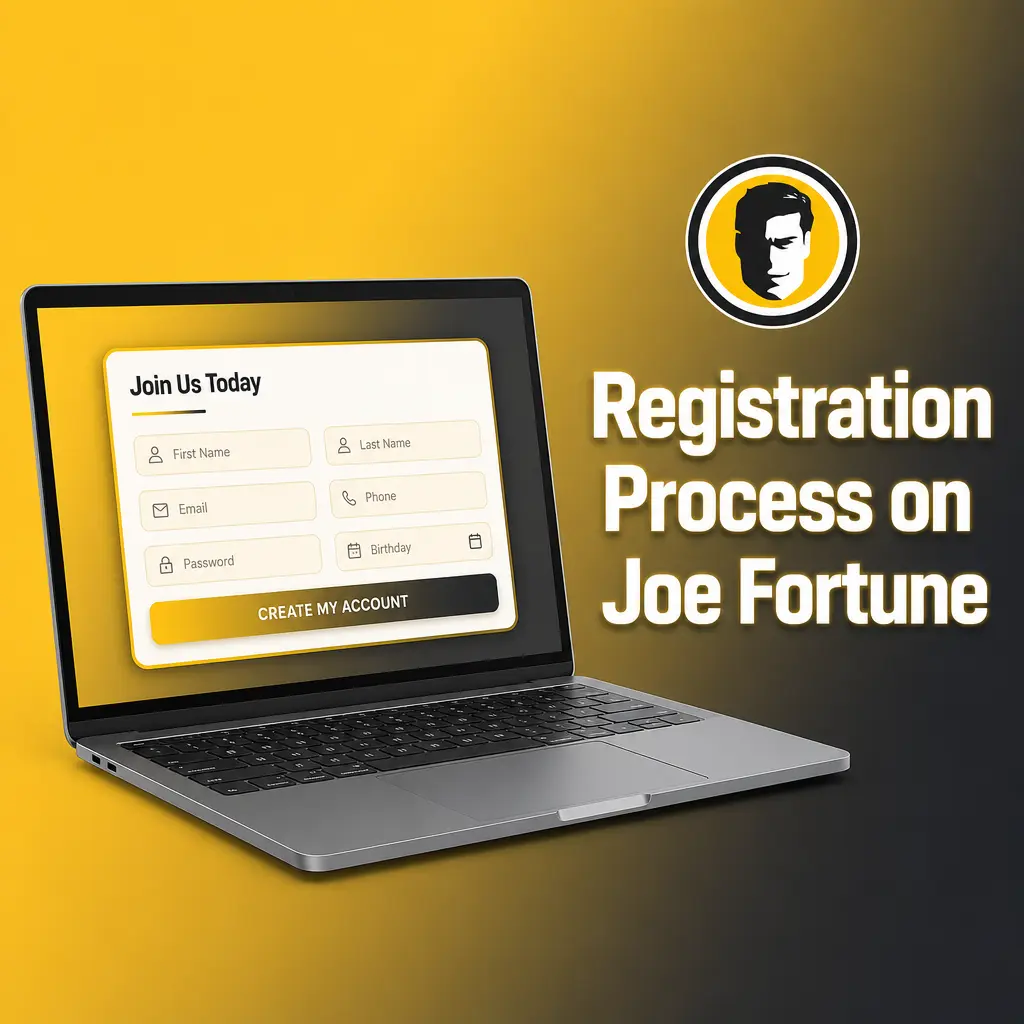 Step-by-step registration form for creating a Joe Fortune account with email, currency, and deposit details.