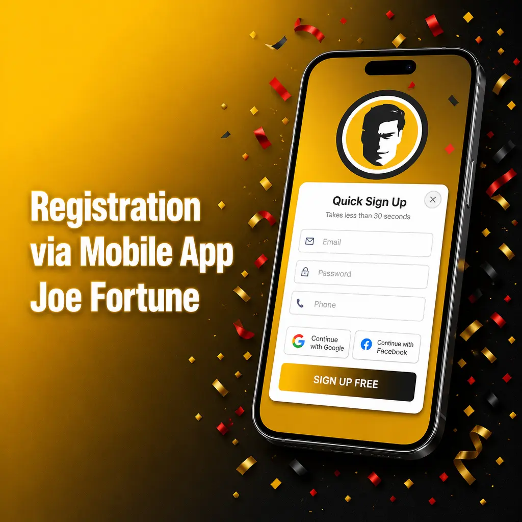 Joe Fortune mobile registration steps: sign up via browser, verify email, and deposit AUD 10 to claim your welcome bonus.